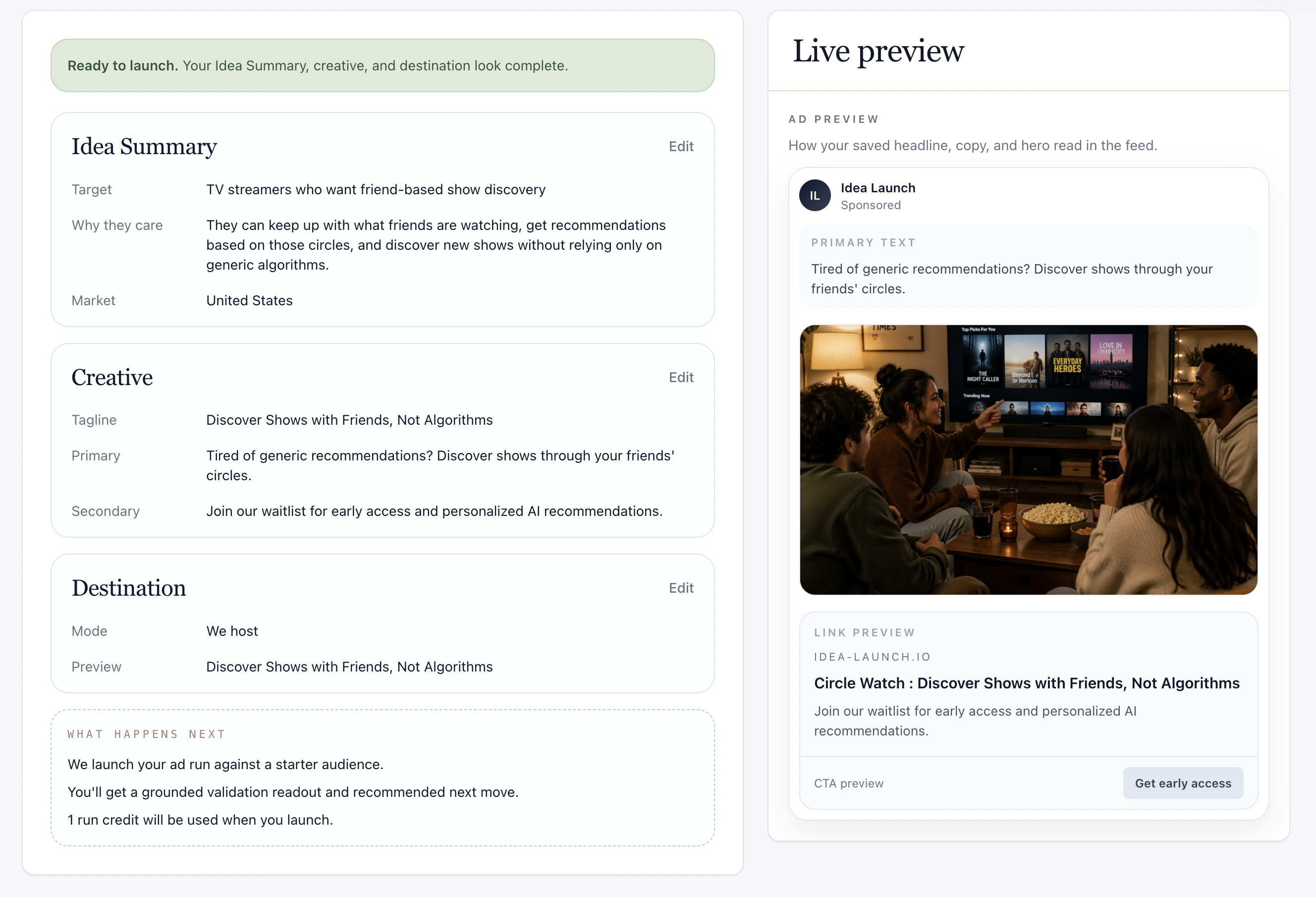 Review and launch screen with a platform selector and target market