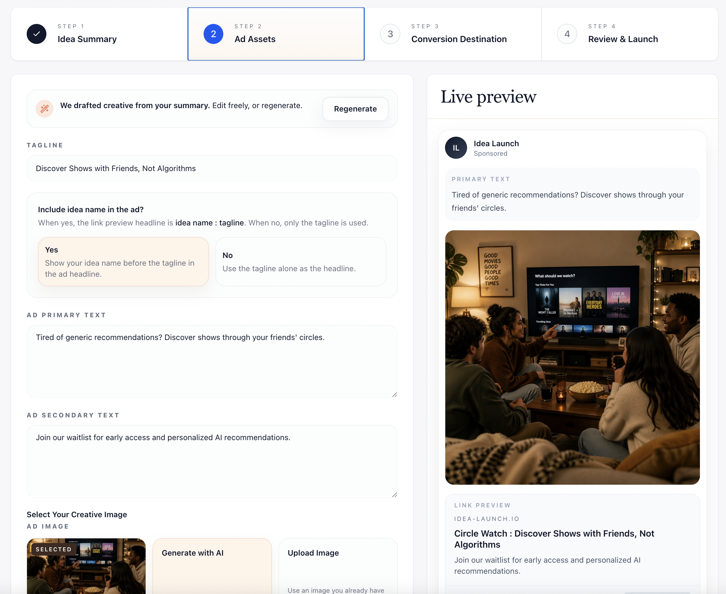 Ad setup screen with generated tagline, primary text, and selectable image variants