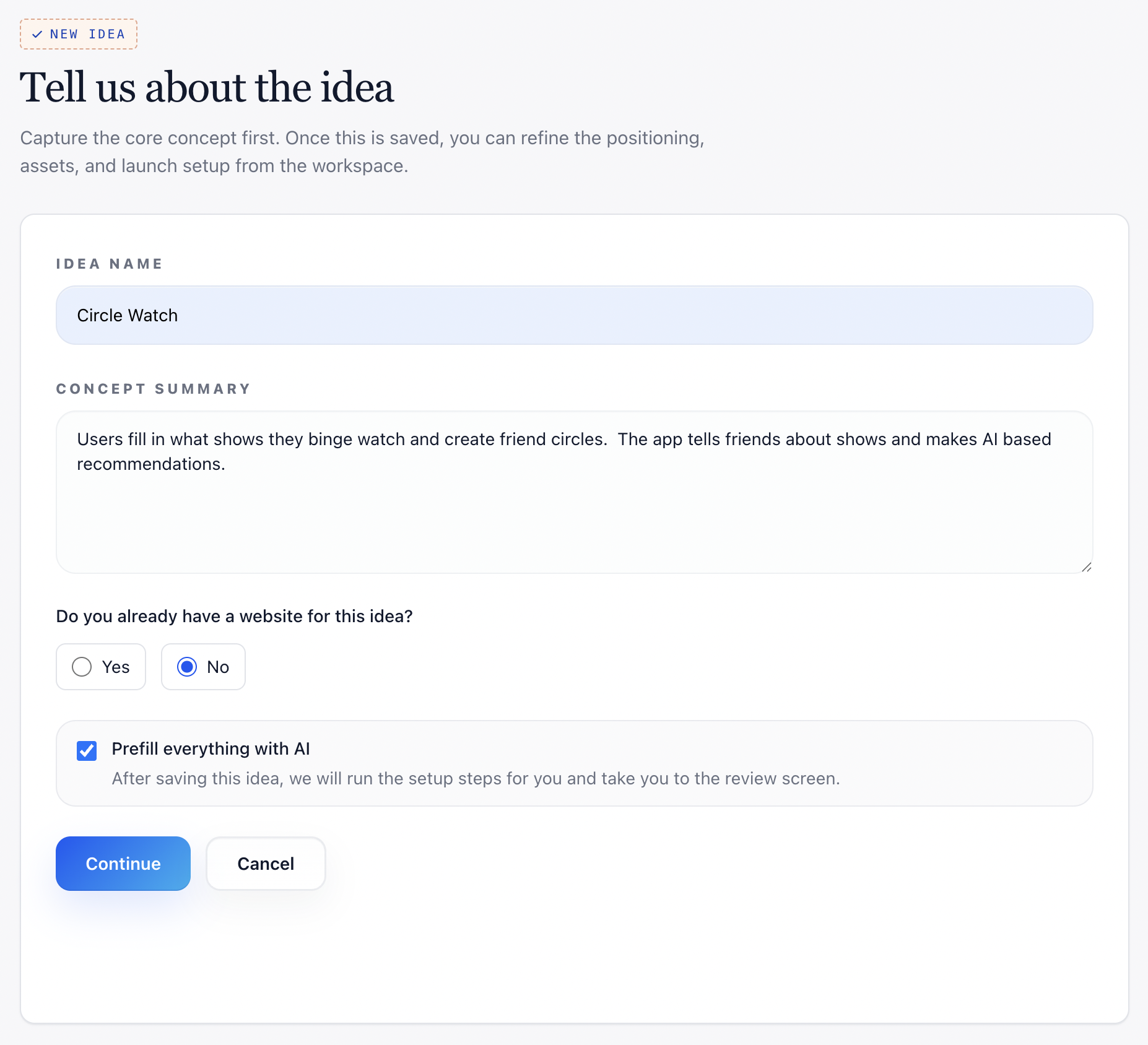 New idea form with a name and concept summary filled in and an AI prefill option